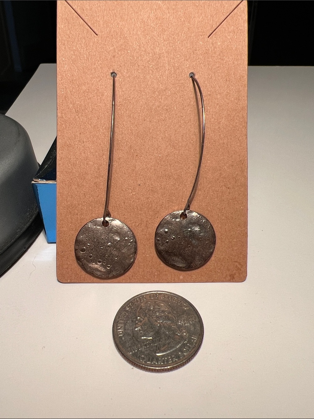 Handcrafted Long Drop Round Disc Earrings - Copper Tone